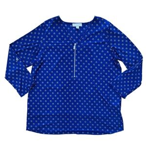 Michael Kors Half Zip Royal Blue Monogram Stretchy Casual Patterned Blouse
